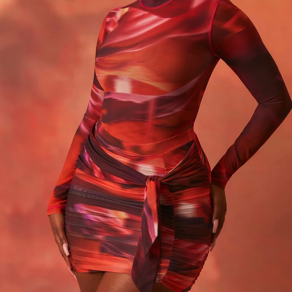 Wrap Front Ruched Mesh Mini Skirt in Orange